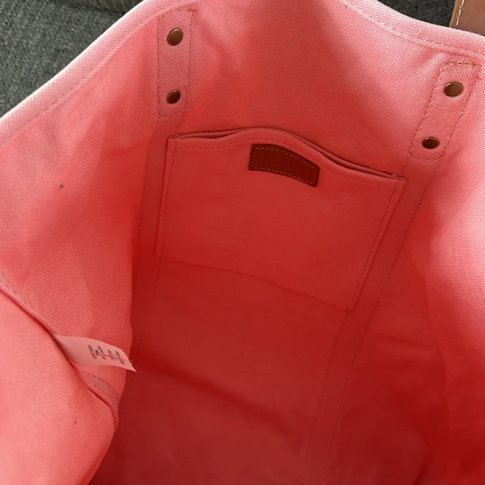 J Crew Peach Pink Gusseted Tote Bag Leather Straps and Inside Outside Pocket
